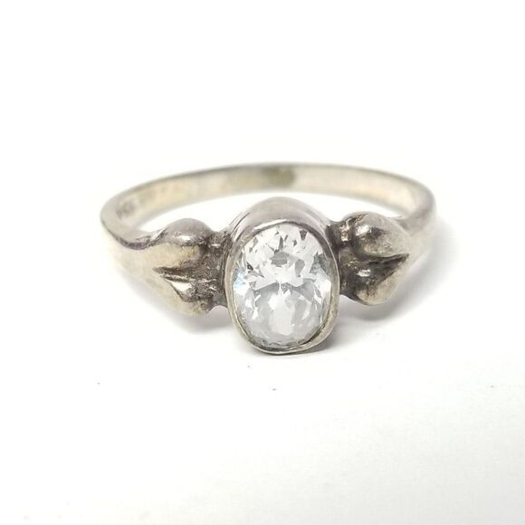 Vintage Sterling Silver Oval Clear Rhinestone Solitaire Ring Size 6 Band, Estate - Picture 8 of 9